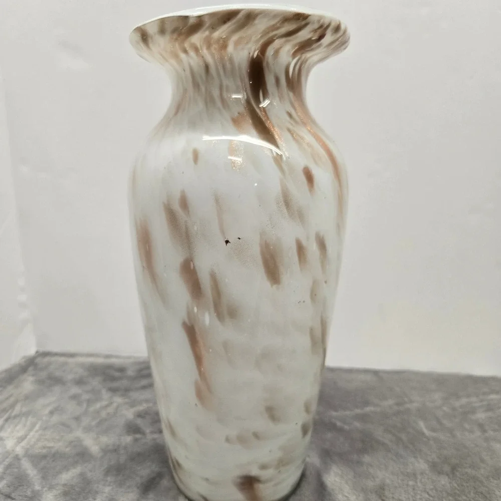 Hand Blown Glass Vase White Brown Swirl Marbled Aventurine Copper Flecks 10 inch